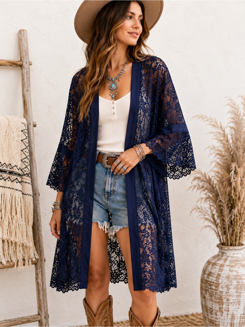 Navy Blue Floral Lace Kimono Cardigan Size 10 Boho Festival Sheer Duster